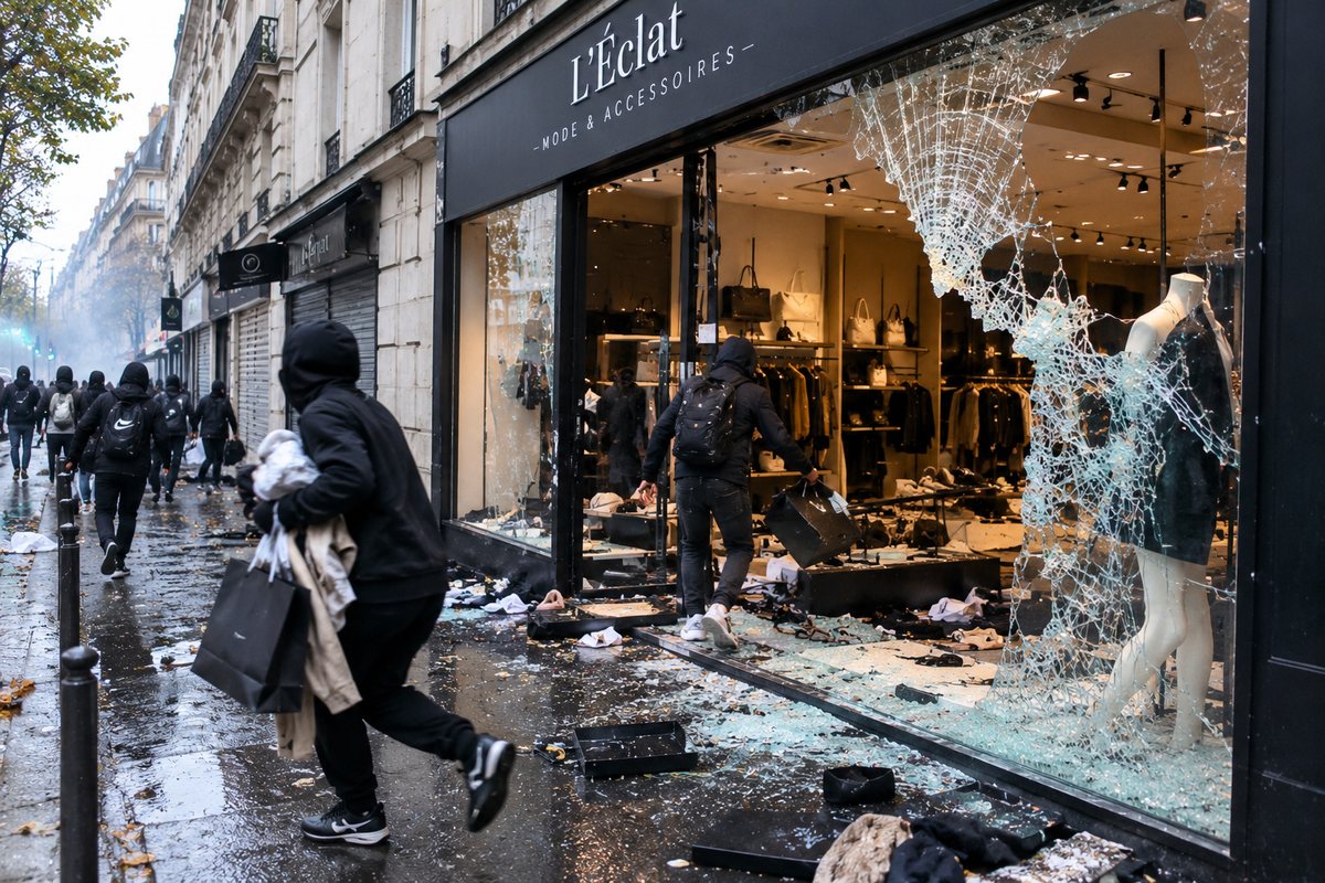 Illustration générée par IA : la vitrine brisée d’un magasin de vêtements, des éclats de verre sur le trottoir mouillé et des personnes vêtues de noir, capuche sur la tête, qui emportent des sacs